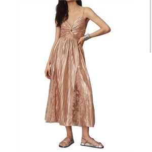 Sabina Musayev Gold Midi franny Dress with Elegant Twisted Bodice